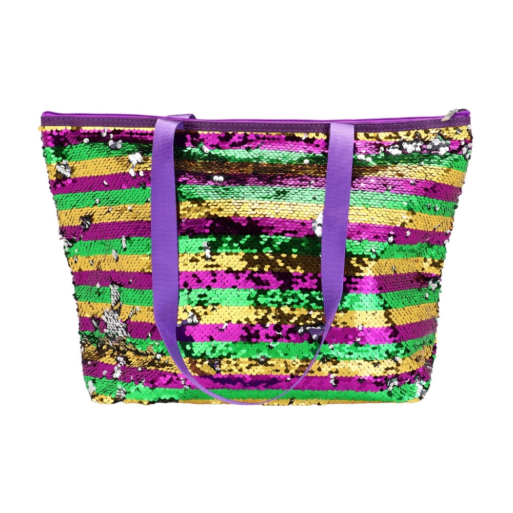Green Purple Gold Sequin Stripe Mardi Gras Tote Purse Shoulder Bag - Picture 6 of 6